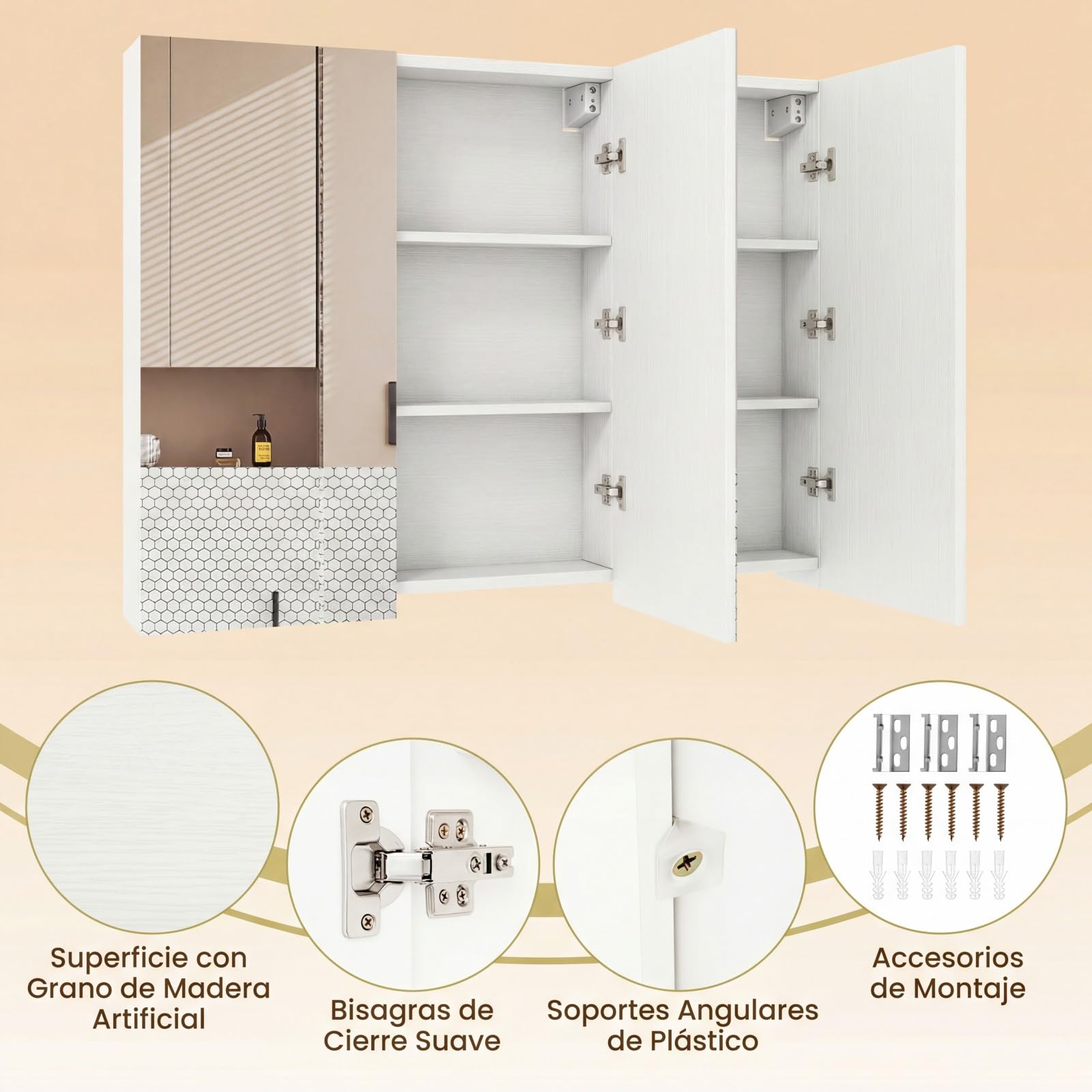 COSTWAY Armario de Espejo de Baño con 3 Puertas, Armario de Pared Baño con 6 Compartimentos, Superficie de Imitación Madera y Marco de Madera, 87 x 65 x 12,5 cm