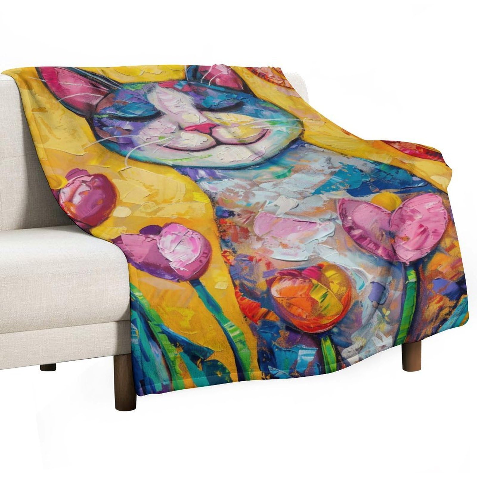 YHGSREUOH Happy Cat in Tulip Garden 01 Flannel Blankets Fleece Soft Throw Lightweight Plush Gifts for Couch, Bed, Cozy Sofa Plush, Chair, Lovers 32x48inch(80x120cm)
