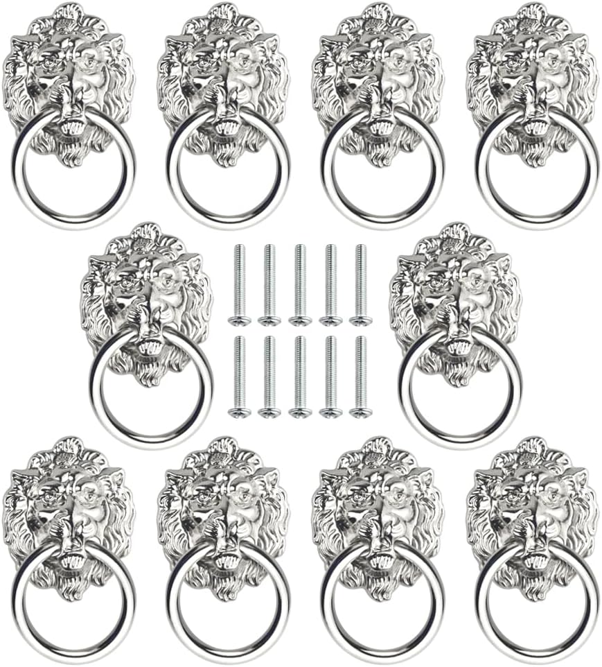 TOVOT 10 PCS 2.7" Lion Head Dresser Drawer Handles Antique Drawer Pulls Zinc Alloy Cupboard Ring pulls with Screws (Silver)