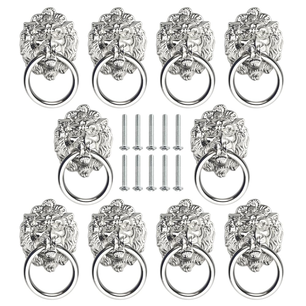 TOVOT 10PCS 2.7" Lion-Head Drawer Pulls Drawer Handles Set Ring Pulls Antique Drawer Handles with Screws (Silver)