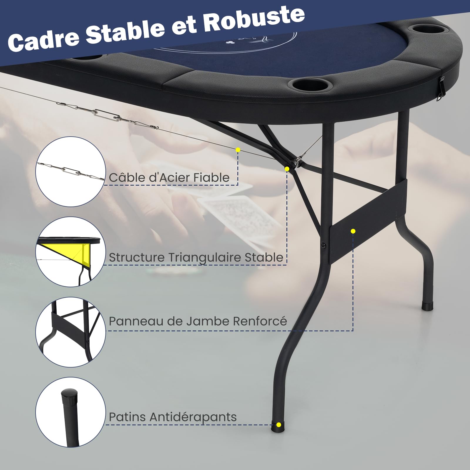 GOPLUS Table de Poker Pliable 8 Joueurs, Table de Jeu de Société 182 cm, 8 Porte-gobelets en Métal, Rampes Rembourrées, Table de Blackjack Texas Hold'em, pour Soirée en Famille (Bleu)