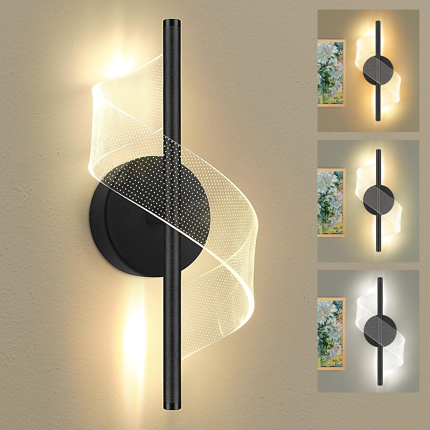 SXSCARKX Home LED Modern Wall Sconce Light 12" Height Spiral Lamp with Acrylic Shade - 3000K 4000K 6000K Indoor Hardwired Fixture for Bedroom Living Room Hallway Corridor (2, Black)