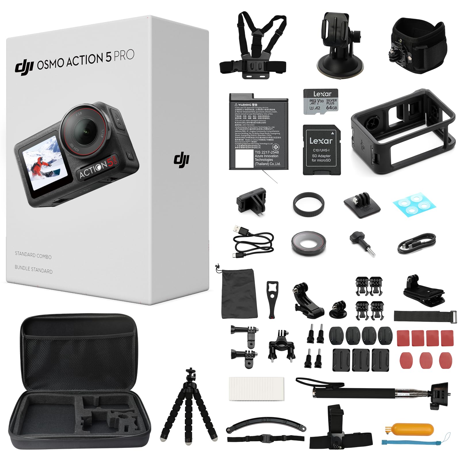 DJI Osmo Action 5 Pro Standard Combo,with 58 Piece Accessory Kit+ 64GB Card - Waterproof Action Camera with 1/1.3" Sensor, 4K/120fps Video, Action