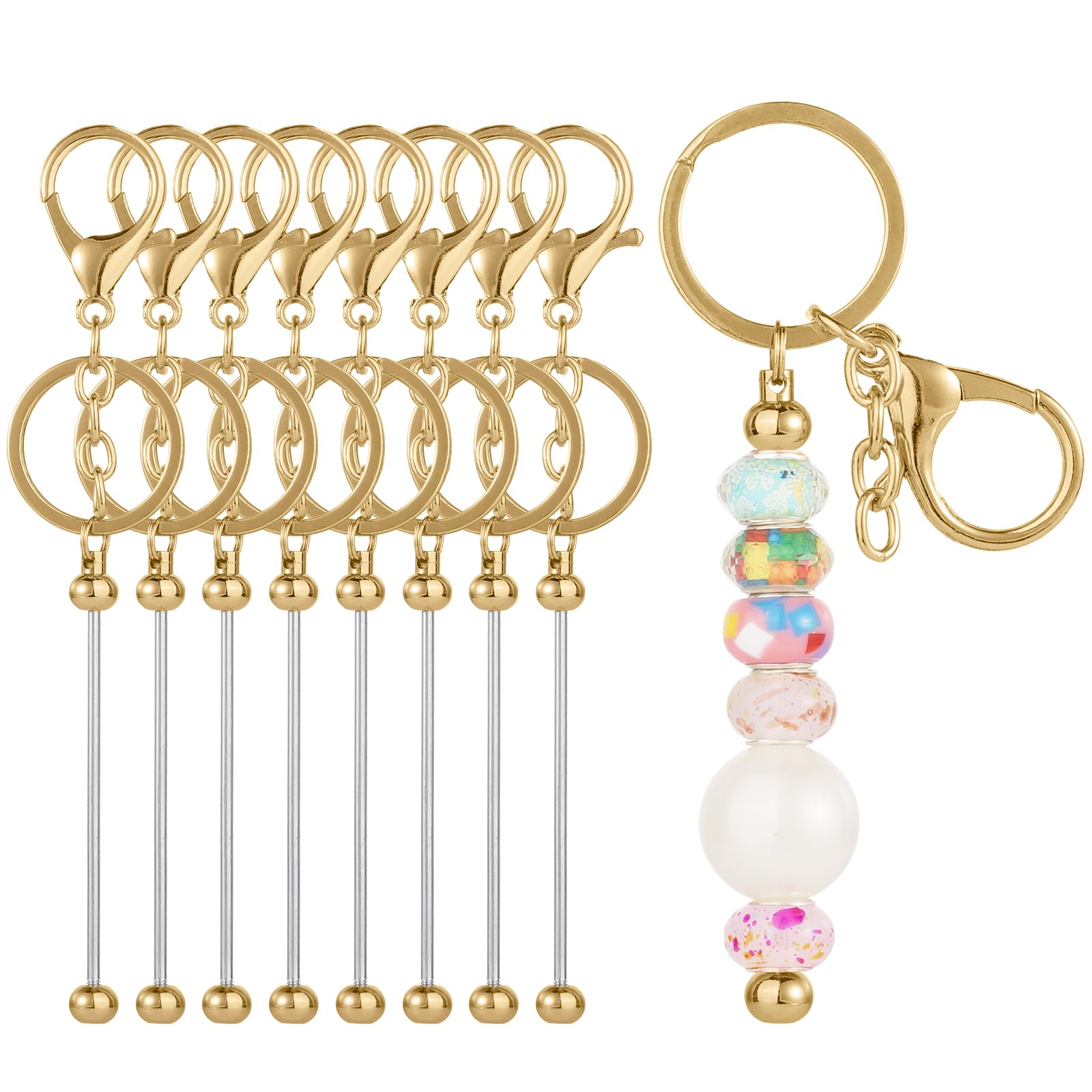 8pcs Beadable Keychain Bars Beadable Blanks DIY Bead Bar Keychain Kit DIY Accessories for Women Men Crafts Making (Gold)