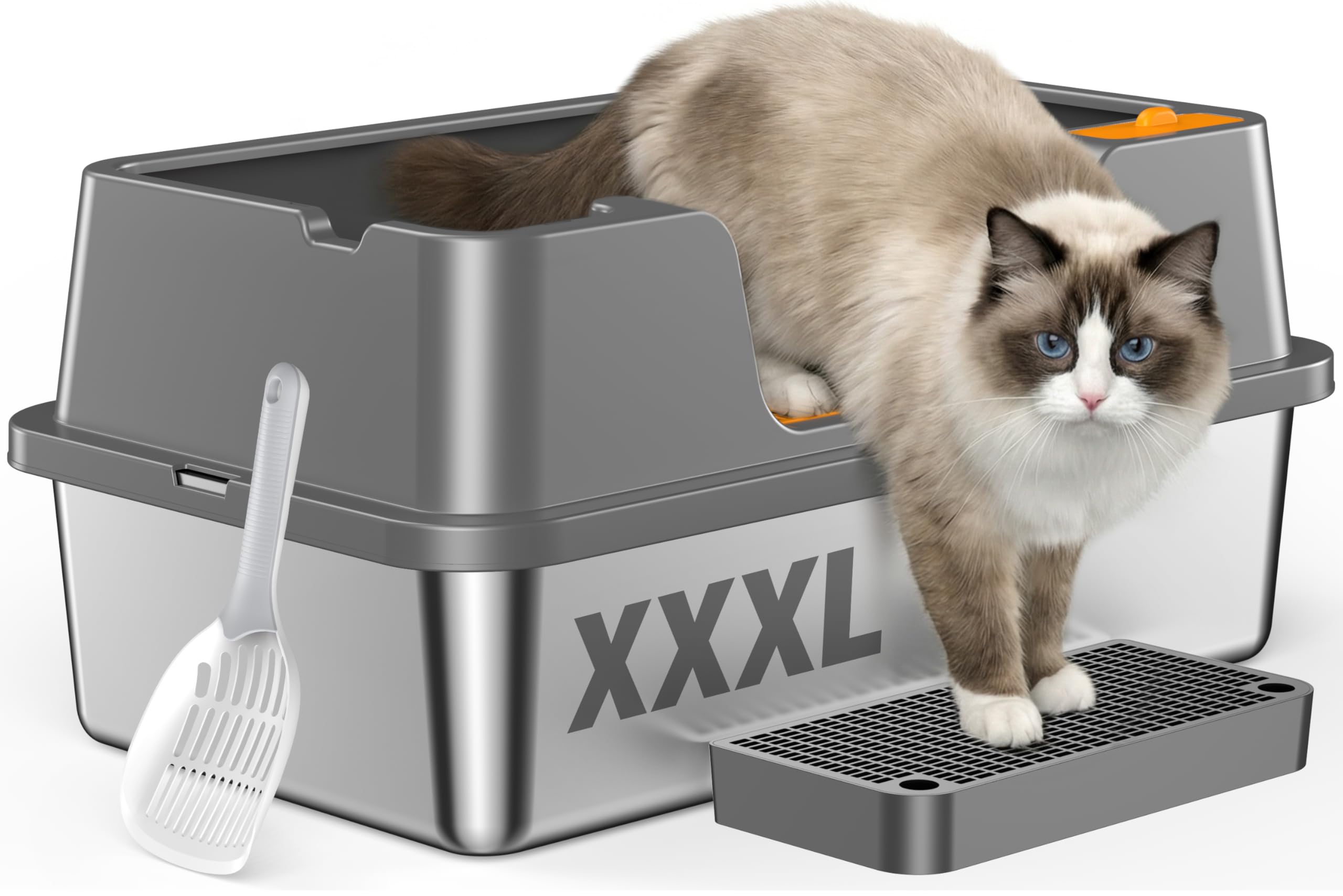 OROLEY Stainless Steel Litter Box with High Sides Lid, Extra Large XXXL Litter Box for Big Cats, Metal Kitty Litter Boxes with Anti-Leakage Enclosure,Non-Stick