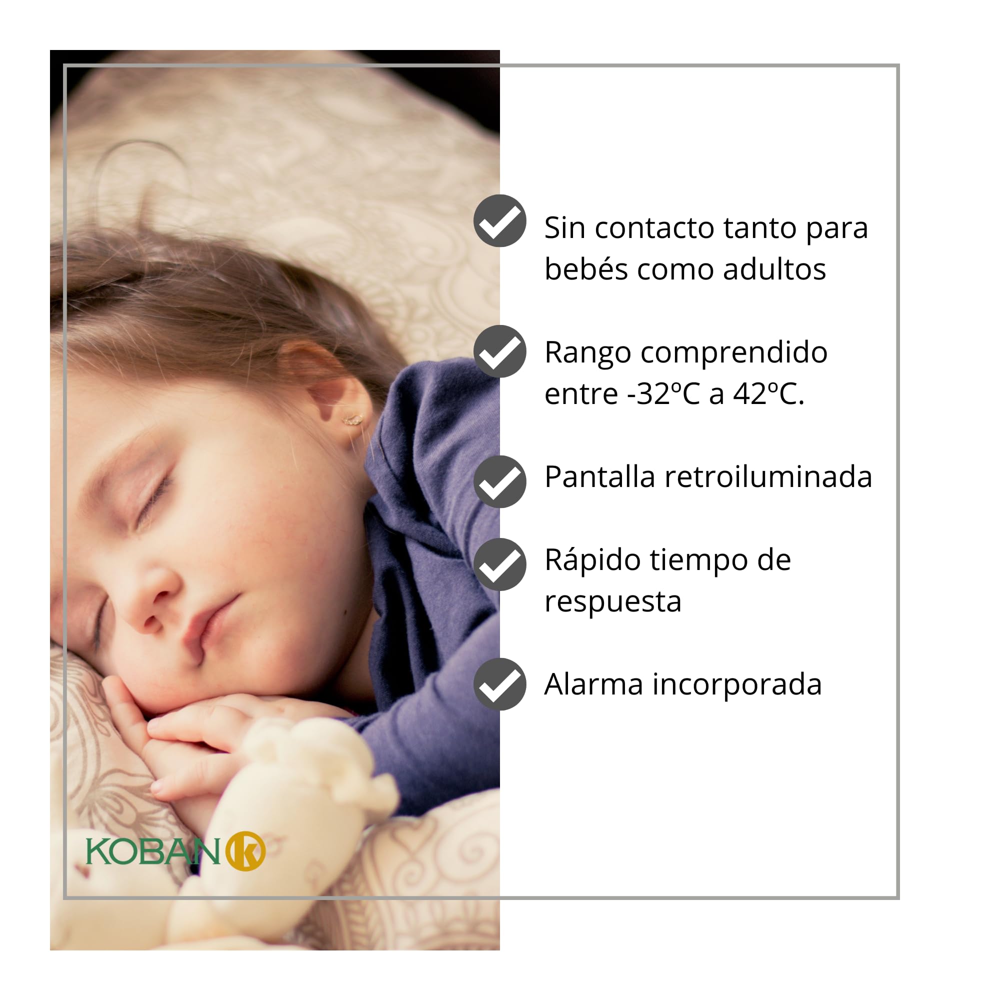 KOBAN KTS-IR Termómetro Digital de Frente para Bebes y Adultos. Termómetro por Infrarrojos sin Contacto con Pantalla Retroiluminada y Alarma de Fiebre. Pistola para Medir la Temperatura Corporal.