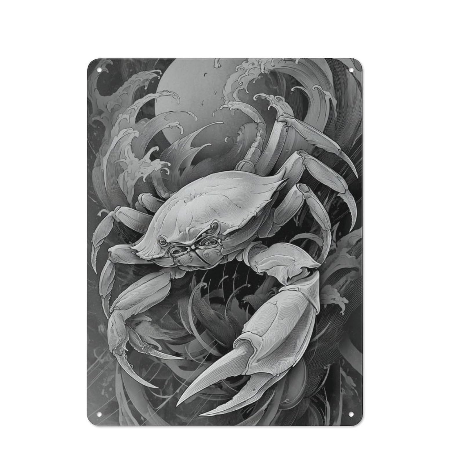 Junmoney Crab In Waves Rustic Tin Wall Plaque 40X30cm For Guest Room Or Hallway, For Garage, Workshop And Man Cave Decoration