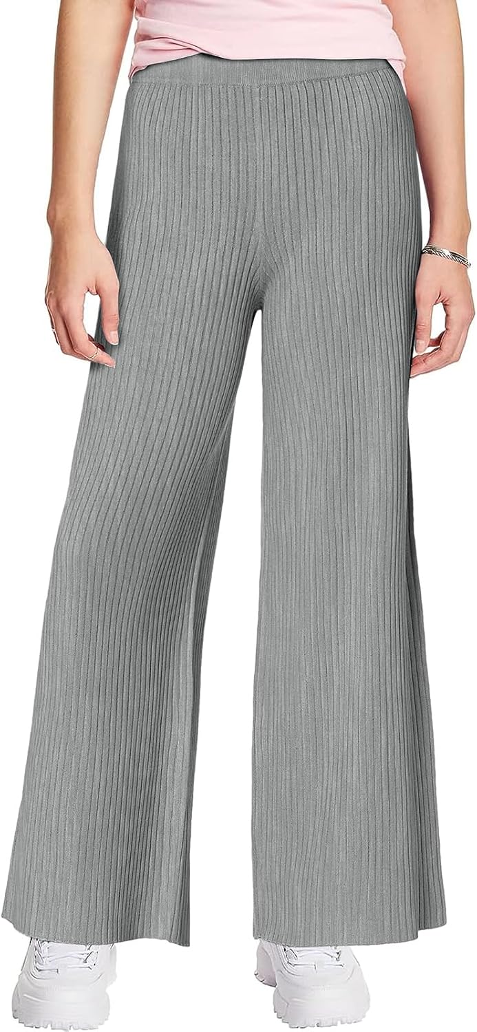 Haloumoning Girls Solid Rib Knit Wide Leg Pants Elastic Waist Flowy Casual Sweater Pants 5-14 Years