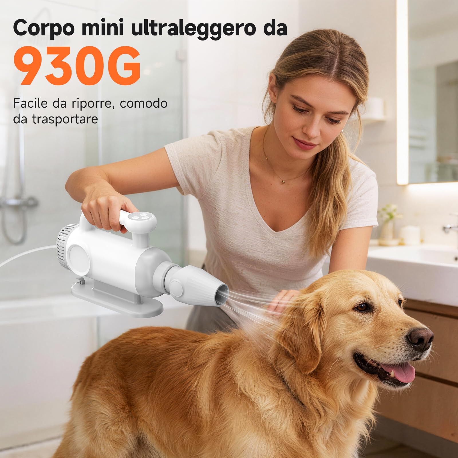 Soffiatore per Cani Blower, Asciugatore per Cani a velocità Regolabile - con modalità Caldo/Freddo, Phon Cane con 3 Diversi Ugelli per Uso Privato e Professionale