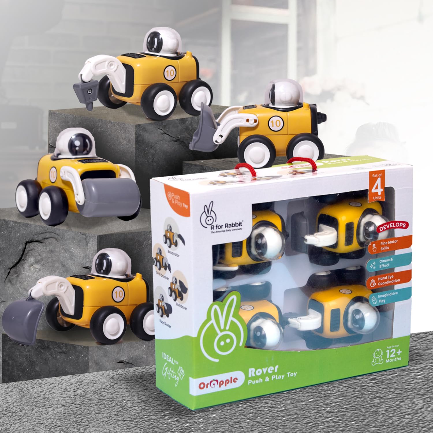 R for Rabbit Orapple Rover Push and Play Mini Construction Vehicle Set for Kids | Non-Toxic BPA Free 4 Pcs Road Roller, Bulldozer, Drill Crusher & Excavator Baby Toy Car Combo (Yellow Black)-image-13