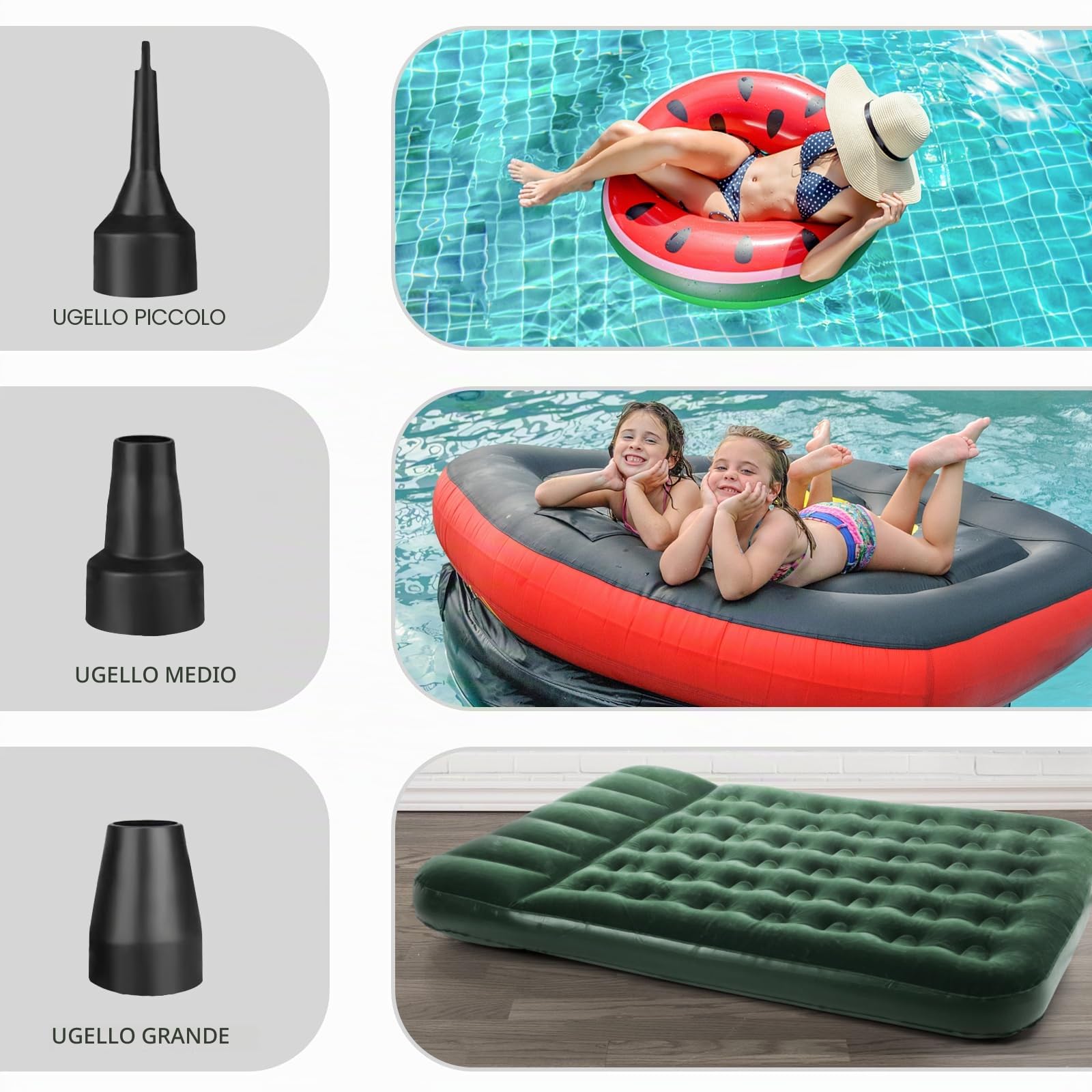 Pompa d'aria elettrica Jsdoin, pompa d'aria elettrica ad alta potenza 220-240V/130W, adatta a cuscini d'aria, piscine gonfiabili, giocattoli da spiaggia, dotato di 3 dimensioni di ugelli