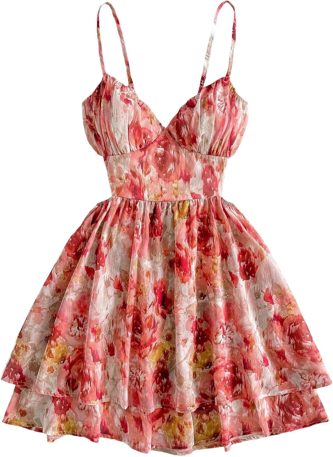 OYOANGLE Women's Floral Layered Ruffle Dress Ruched Boho Short Sundress Open Back Cami Dress