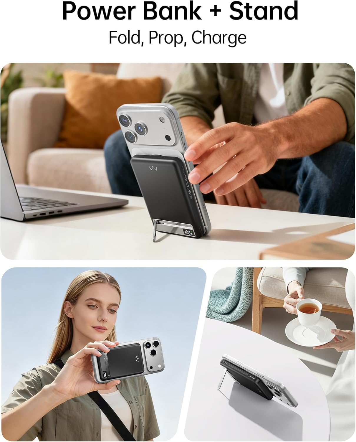 iWALK power bank magnetically attached to an iPhone for wireless charging