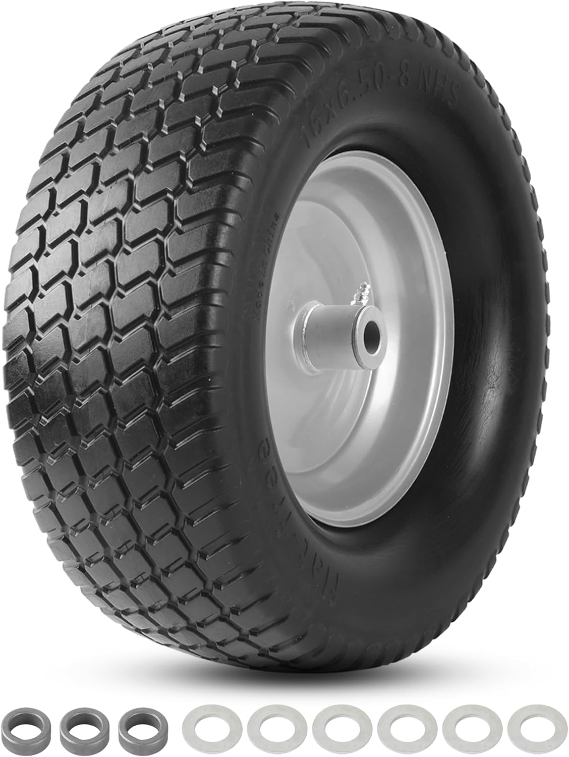 AR-PRO 16x6.50-8 Flat-Free Tire and Wheel Assembly, Solid Turf Lawn Tractor Tire with Rim, 3" Offset Hub, 3/4" Bushings, Perfect for Riding Lawn Mowers, Yard Tractors (1-Pack)