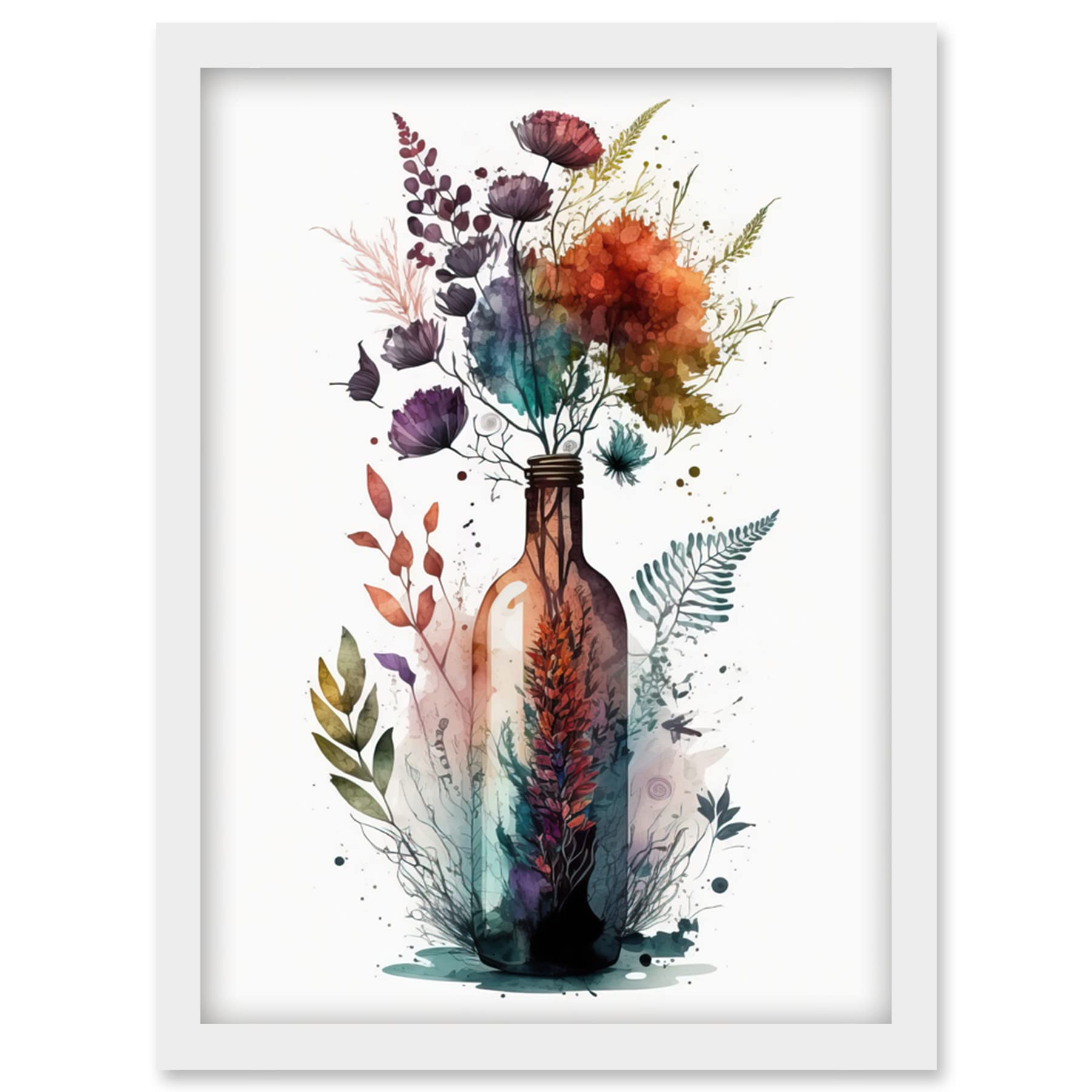 Artery8 Wine Bottle with Spring Wildflower Floral Bouquet Artwork Framed Wall Art Print A4