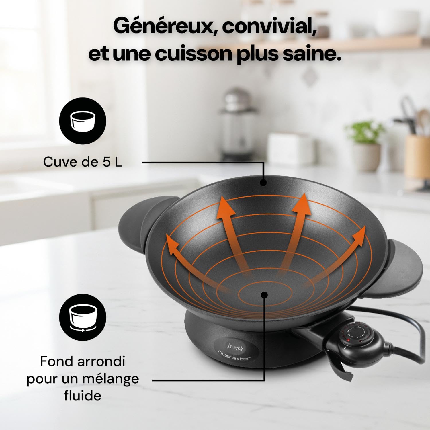riviera&bar Wok Électrique Expert 5L - 2200W, Cuve en Fonte d'Aluminium, Couvercle en Verre, Thermostat Réglable 10 Positions - Idéal pour 8 Personnes - Accessoires Inclus - Nettoyage Facile