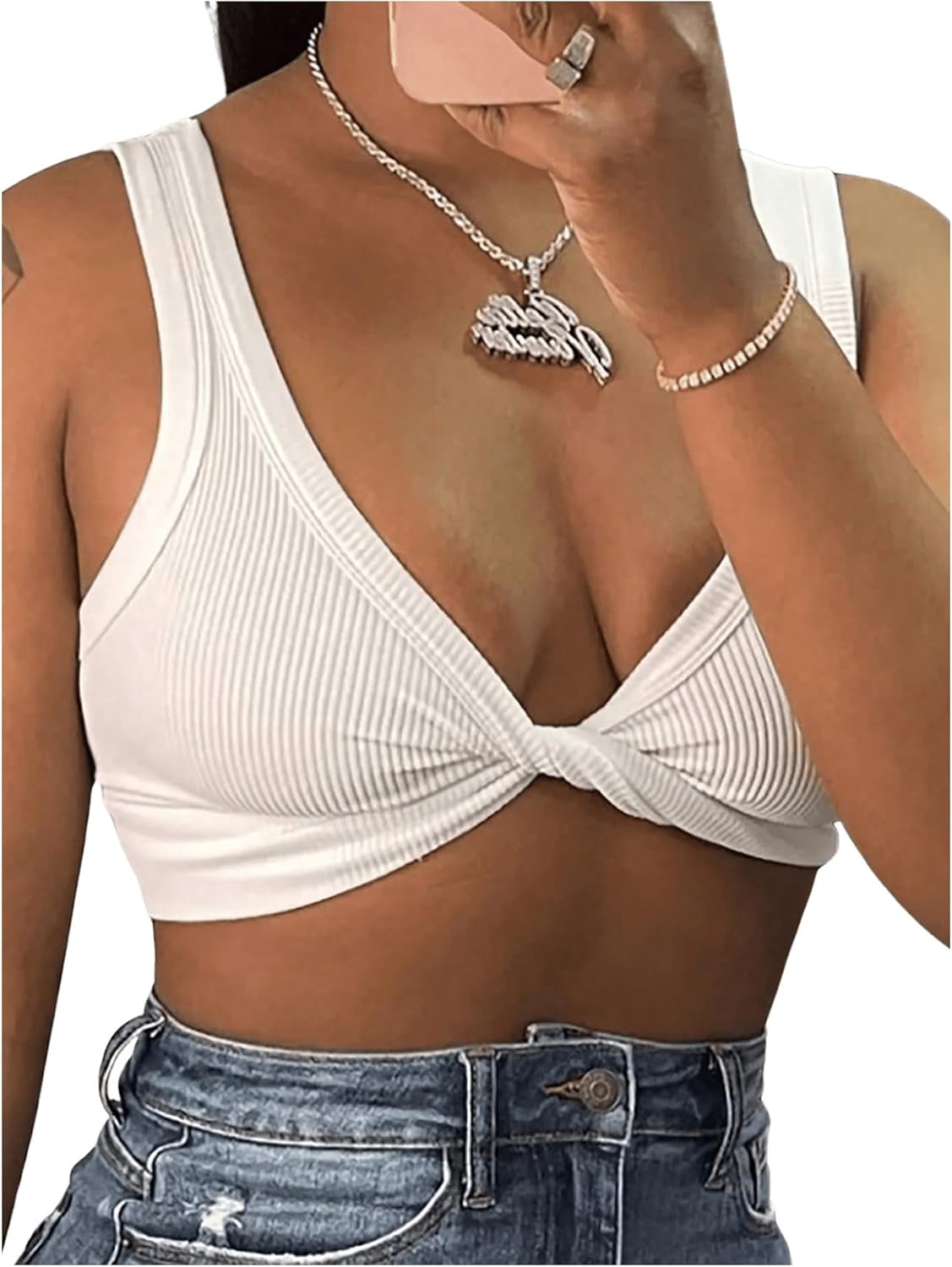 MakeMeChic Women's Crop Tank Top Ribbed Twist Front Sexy Cute Going Out Tops