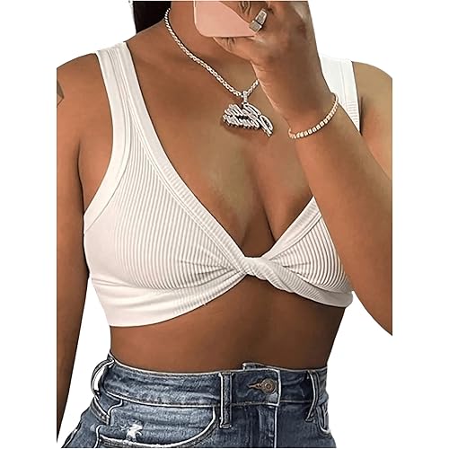 MakeMeChic Women's Crop Tank Top Ribbed Twist Front Sexy Cute Going Out Tops