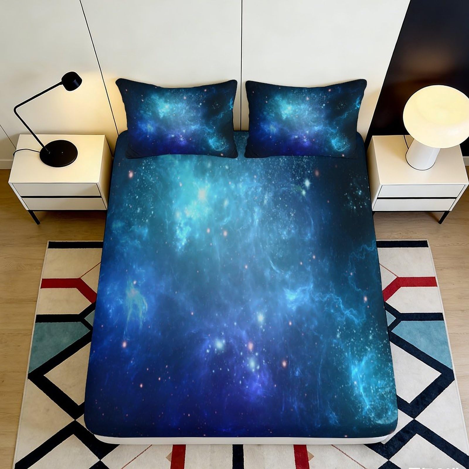3D Printed Galaxy Starry Sky Fitted Sheet Microfiber Soft Blue Cosmic Nebula Mattress Cover Bedroom Decor 140x200x25cm