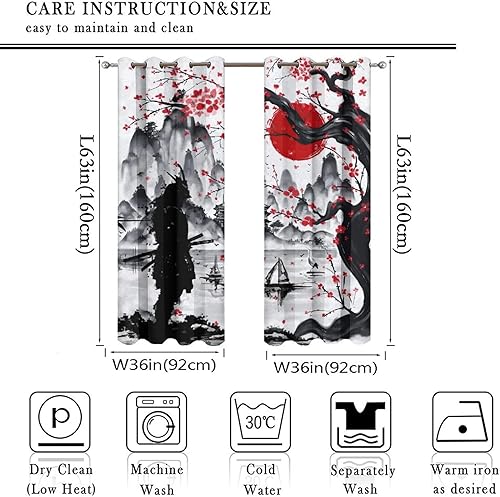 Miniatura 2 de Cortinas opacas retro japonesas para oscurecer la habitación con ojales, tinta de acuarela, samurái, sol rojo, montaña, cerezo, flores, eficiencia