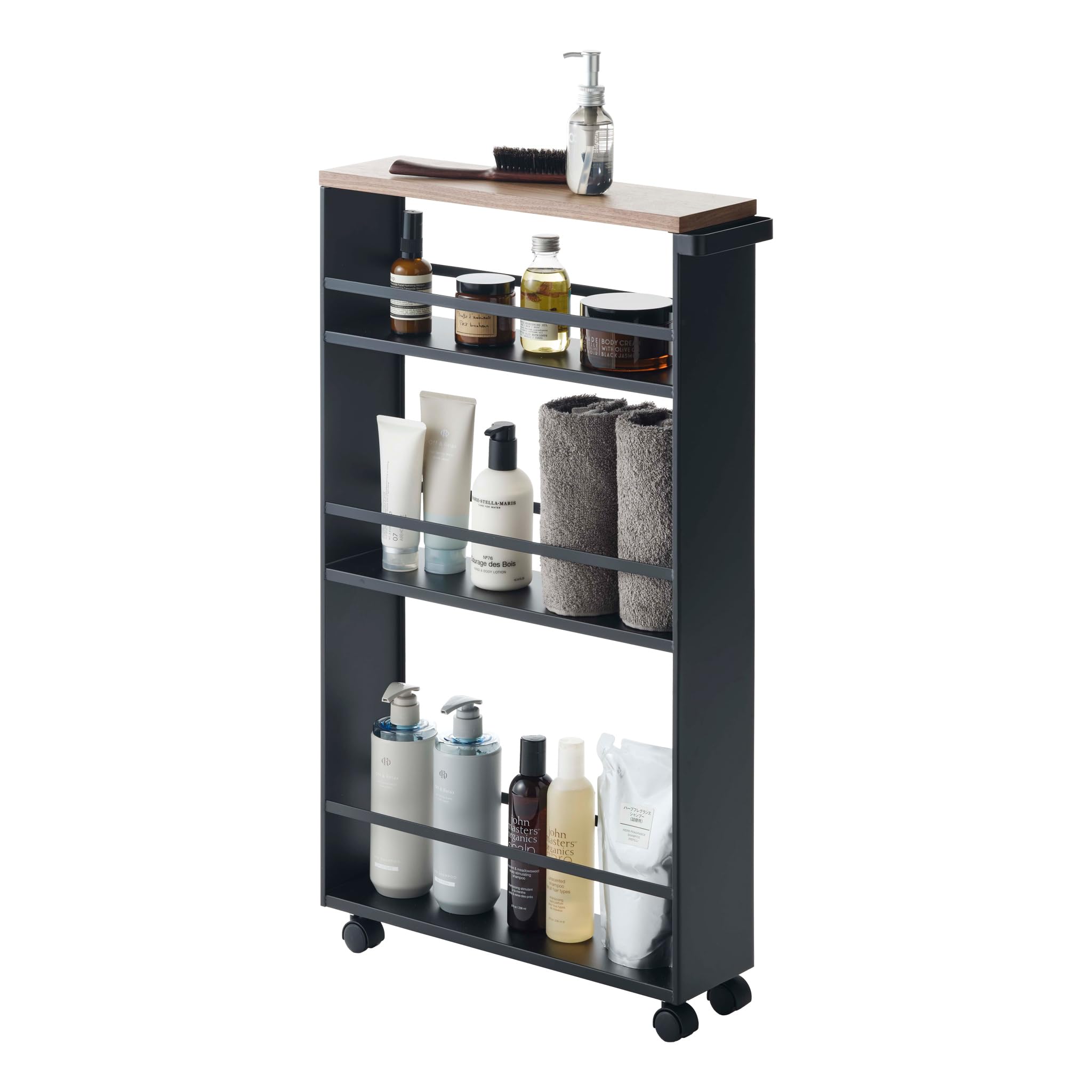 Yamazaki 3628 TOWER Slim Trolley with Grip, black, Steel/Wood, Minimalist, 13 x 47.5 x 80.5 cm