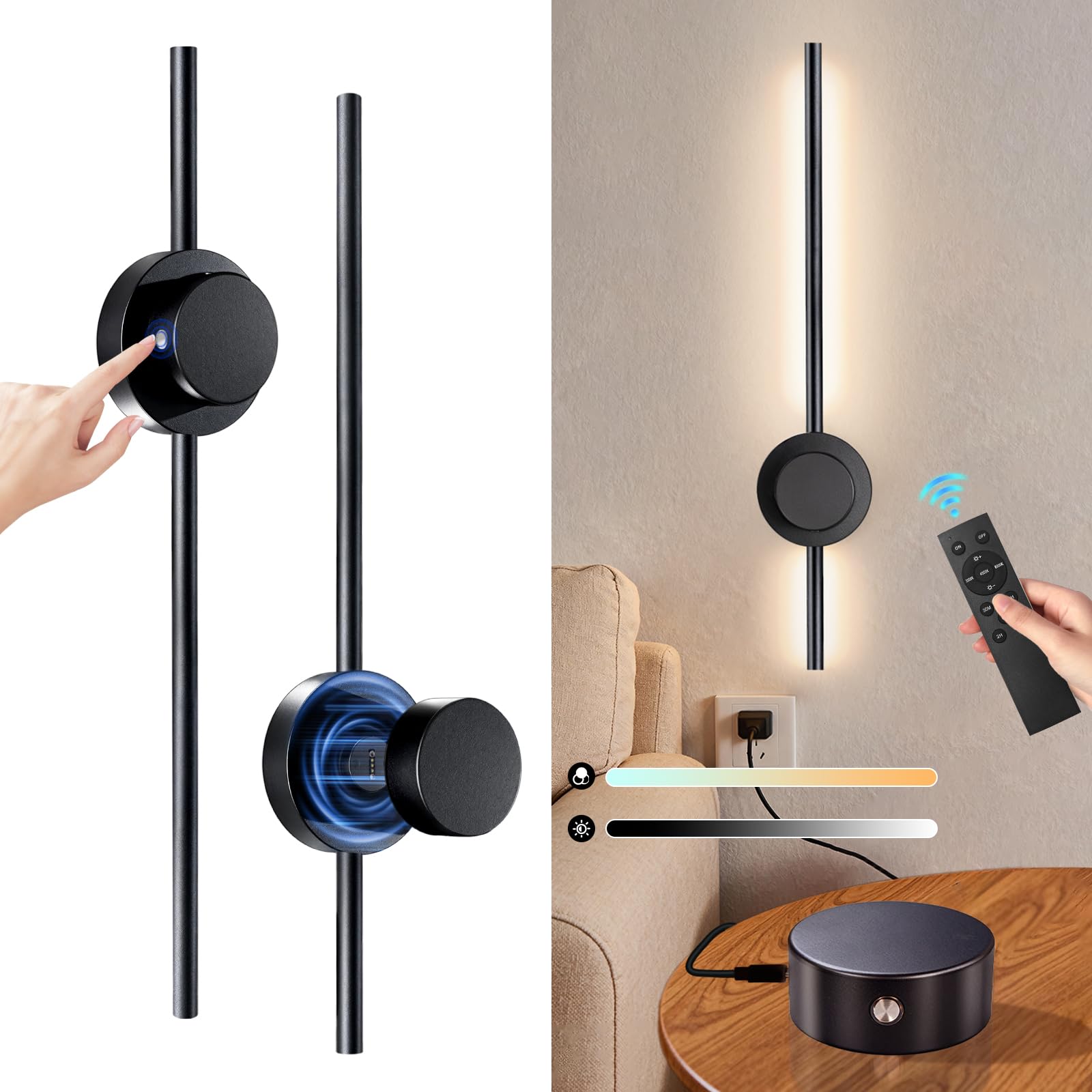 Kabellose Wandleuchter 2er Set, Wiederaufladbare Wandleuchten, Batteriebetrieben 5000mAh, 3 CCT Dimmbar, Timer Fernbedienung Wandlampen für Schlafzimmer, Wohnzimmer (70.1 cm Schwarz)