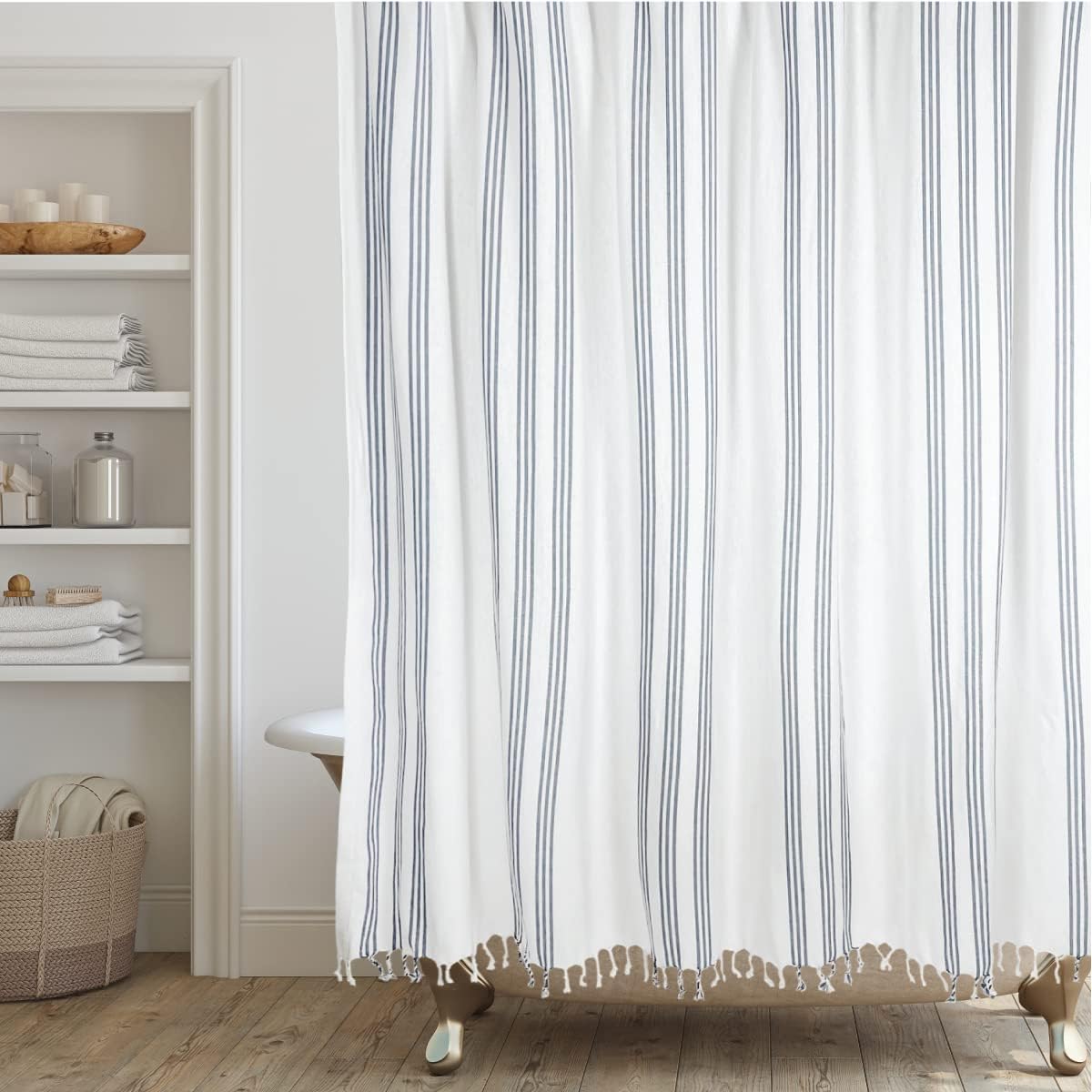 HALL & PERRY Modern Transitional Chambray Blue Striped Shower Curtain with Tassels