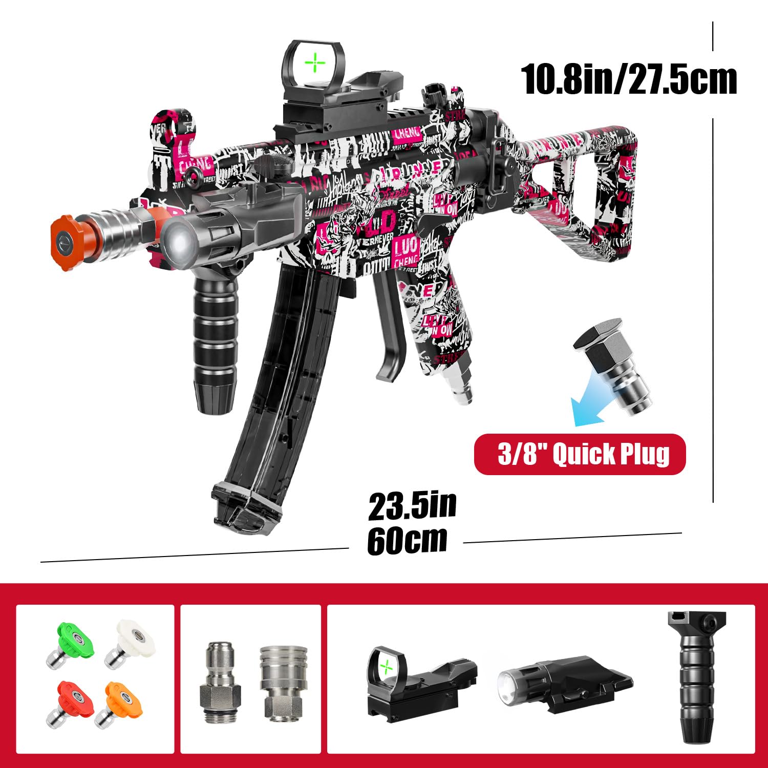 Pistola de lavado a presión modelo MP5 con giro y 4 boquillas, pistola de pulverización de alta presión de 3600 PSI con enchufe de conexión rápida de 3/8 pulgadas, pistola giratoria compatible con