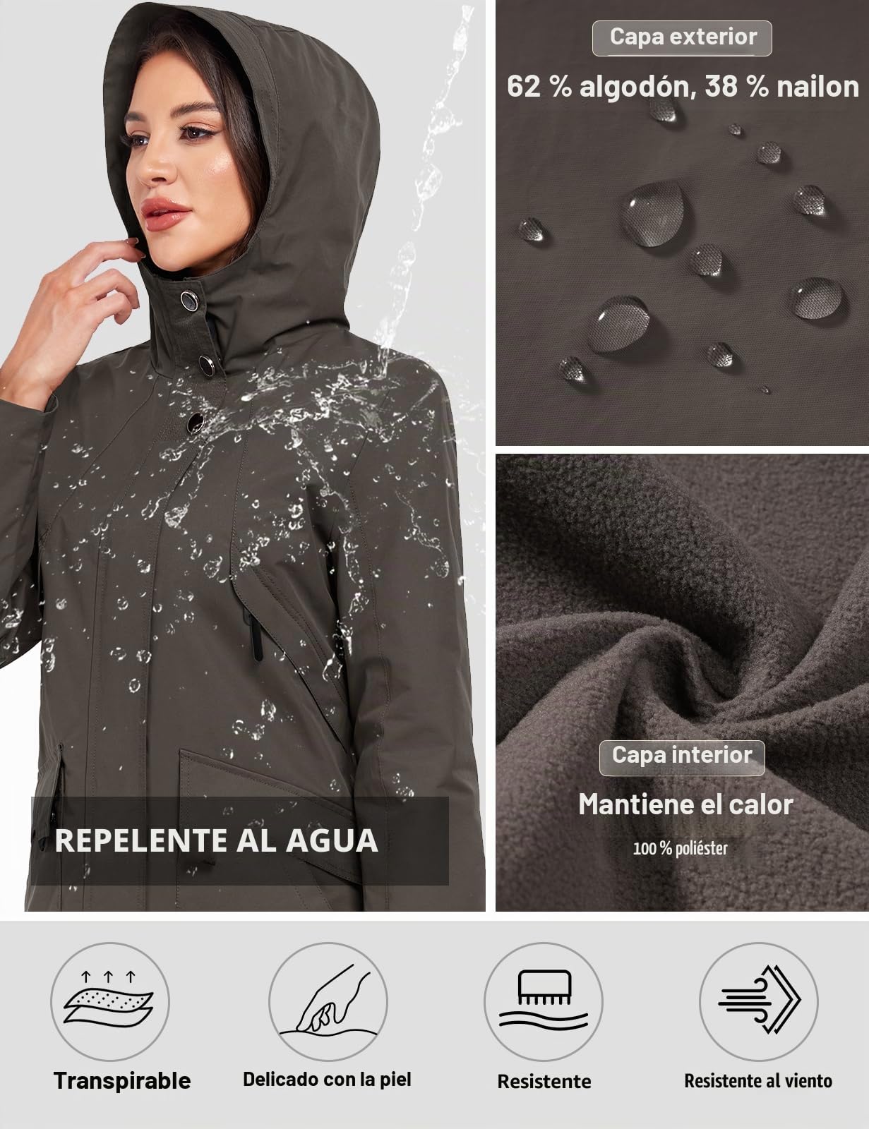 Tuopuda Chaquetas Larga Mujer con Capucha Abrigo Polar Ligero Primavera Otoño Parka Repelente al agua con Cremallera y Bolsillos