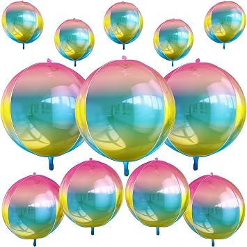 12Pcs Gradient Color Round Foil Balloons, 22" 15" 10" Rainbow Helium Ball Balloon, Metallic Colorful Foil Balloon for Kids Birthday Graduation Wedding Anniversary Prom Party Decorations