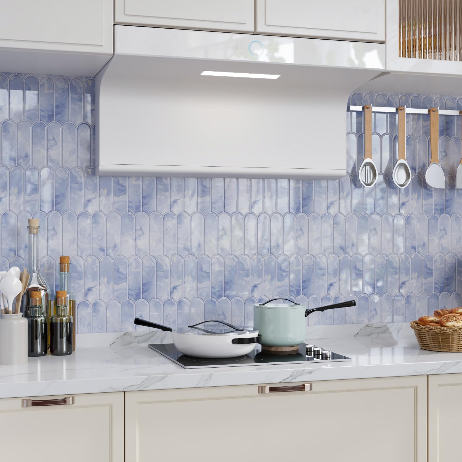 CRE8TIVE 16 Piezas Azulejos Adhesivos Autoadhesivo Azul Claro Cenefa Adhesiva Cocina Azulejos Adhesivos Baño Marmol Impermeable Baldosas Adhesivas Pared Forma de Abanico Largo Chimenea 30.5cm x 30.5cm