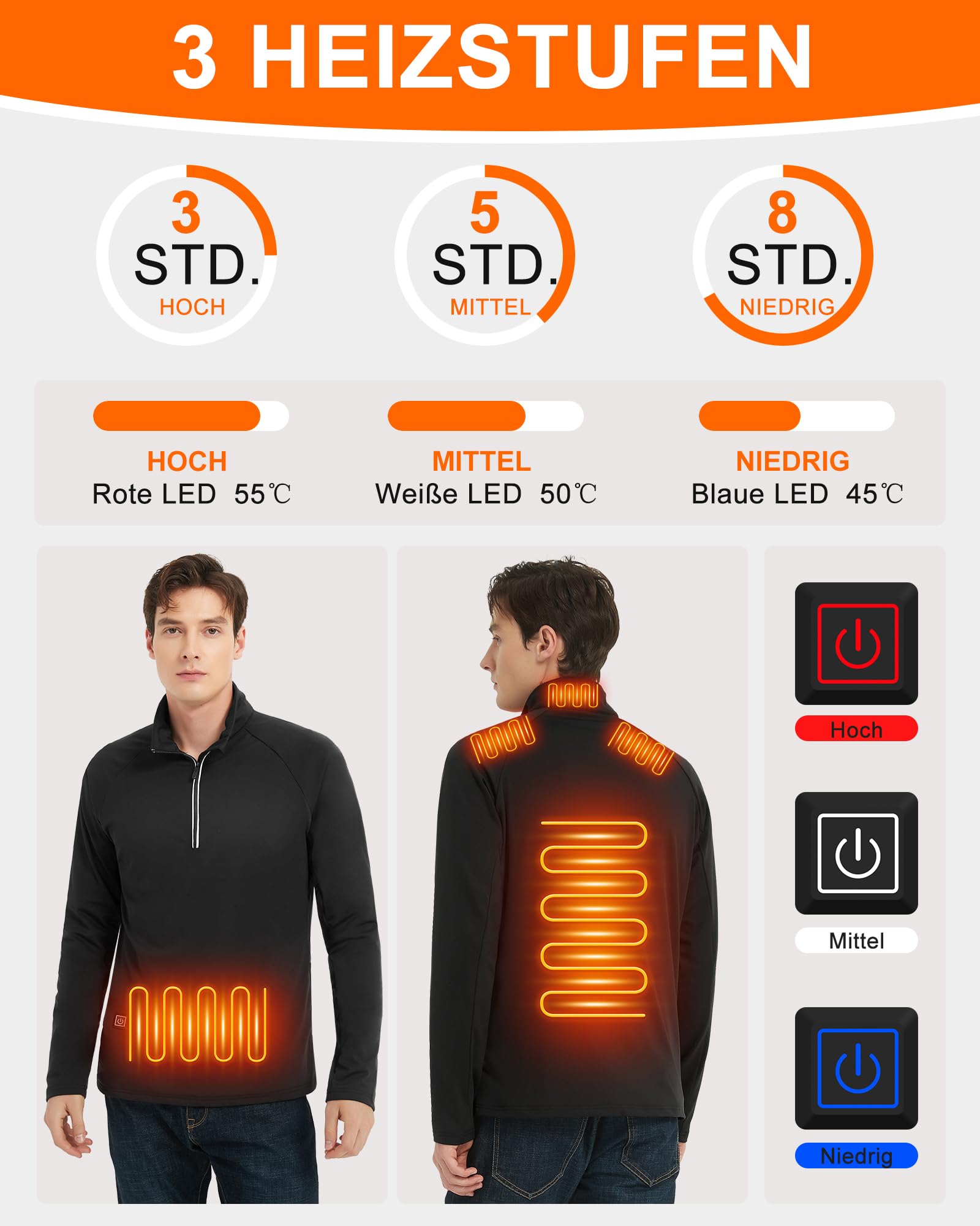 FERNIDA Chemise chauffante pour homme avec bloc de piles, doublure en polaire avec fermeture éclair quart de longueur, pull électrique à manches longues