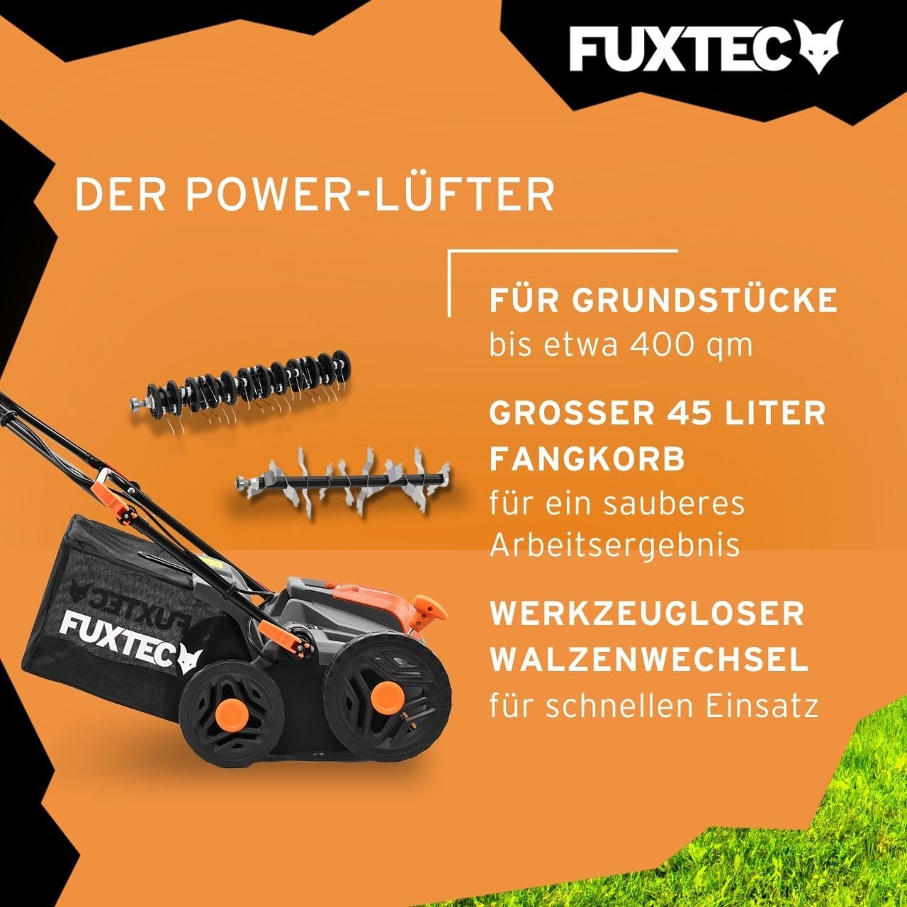 FUXTEC 40V Akku-Vertikutierer FX-E2VE38SET inkl. Akku+ Ladegerät, 2-in-1 Vertikutieren & Belüften, 38 cm Arbeitsbreite, einstellbare Arbeitstiefe bis 12 mm, 45L Fangkorb, leistungsstark & kabellos