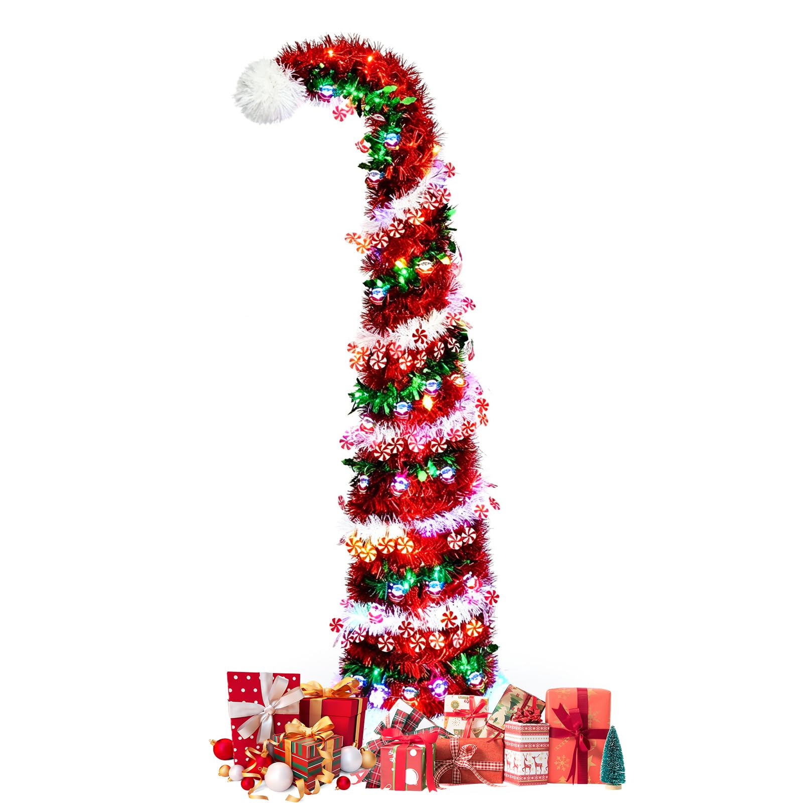 Faltbarer Künstlicher Weihnachtsbaum 150cm mit Beleuchtung, Pop Up Schmal Weihnachtsbaum mit 50 LED und Sternspitze, PVC Lametta Bleistift Tannenbaum Weihnachtsdekoration (Rot 2)