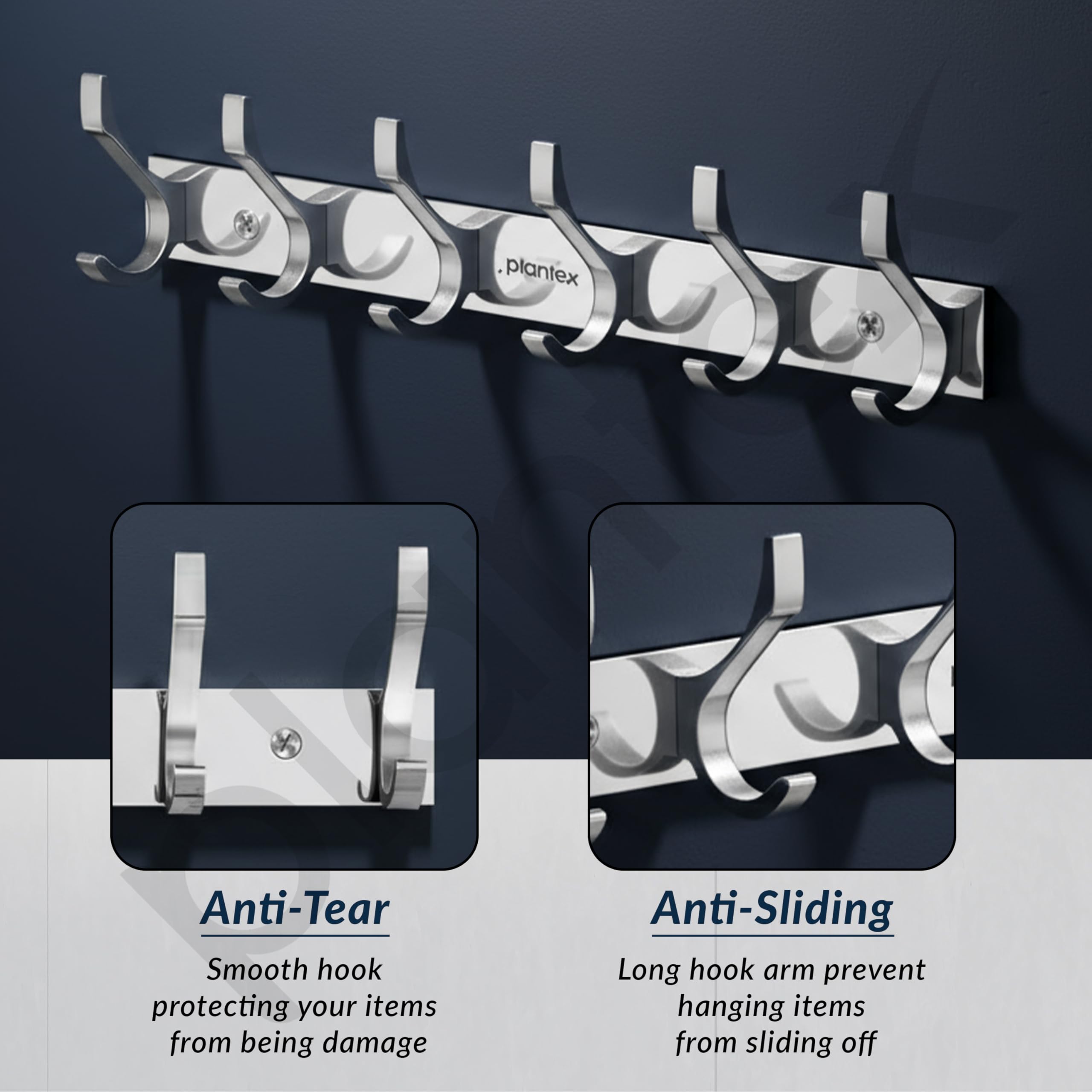 Plantex Aluminum Hook Rail with 6 Hooks for Bathroom/Kitchen- Door Hanger for Clothes/Towel - Pack of 3 (6 Hooks, Chrome) 1