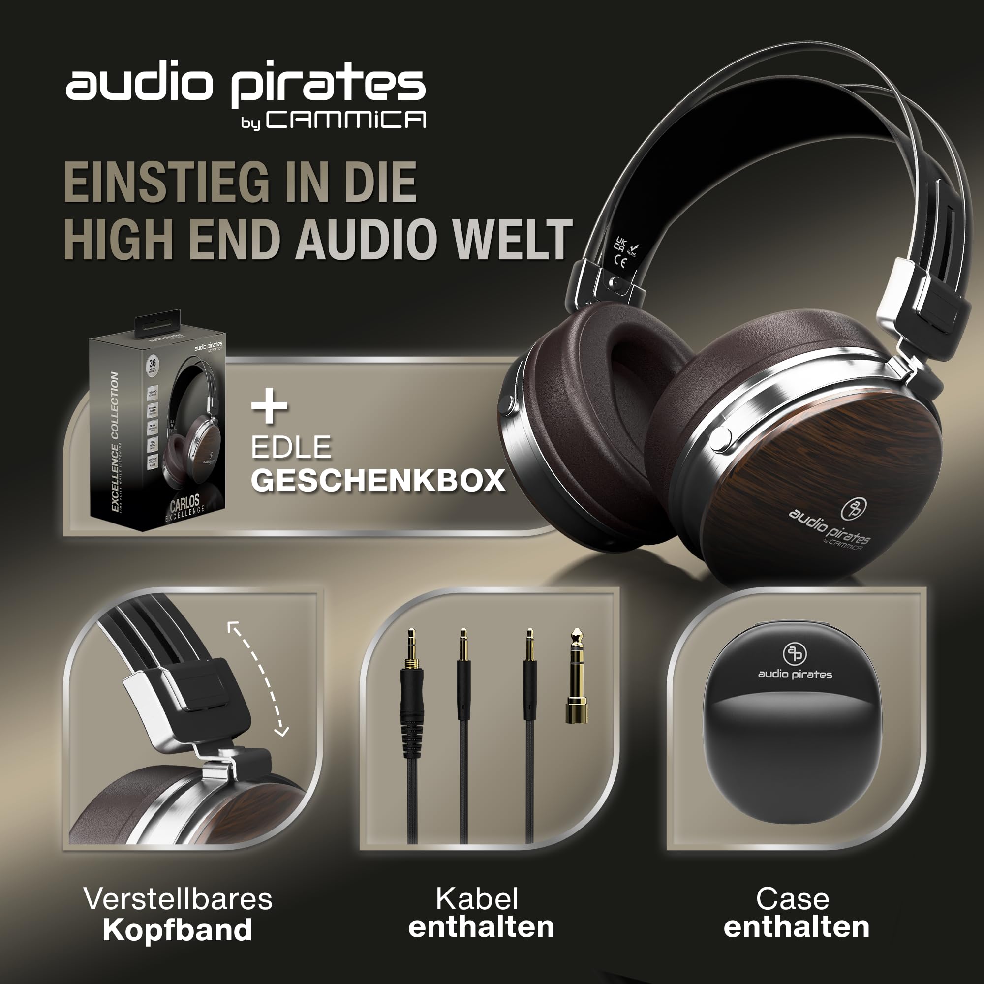 audio pirates Carlos Over-Ear HiFi-Kopfhörer aus Echtholz – Studio Monitor Kopfhörer kabelgebunden mit Mikrofon, inkl. Case, 1,5m & 3m Kabel, 6,3mm Adapter | Excellence Collection
