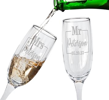 Mr. Mrs. Custom Engraved Engaged Champagne Glasses w/Last Name Date Set of 2 Couples, Toasting, Anniversary, Engagement Flutes Upgraded Gift Box