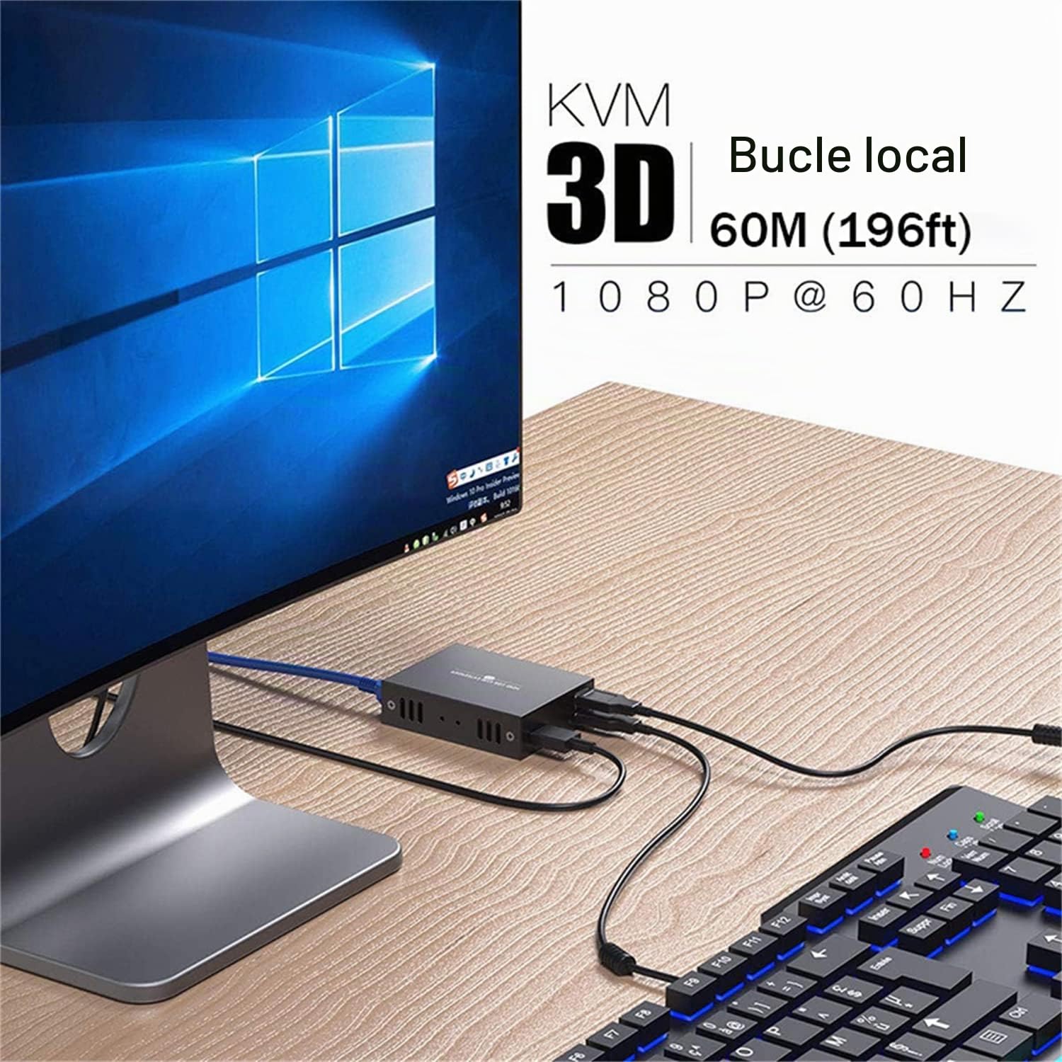 Extensión KVM HDMI 60 m en Cat5e/Cat6, HDMI 1080p, alargador KVM USB, transmisión con hebilla, negro, montaje en rack