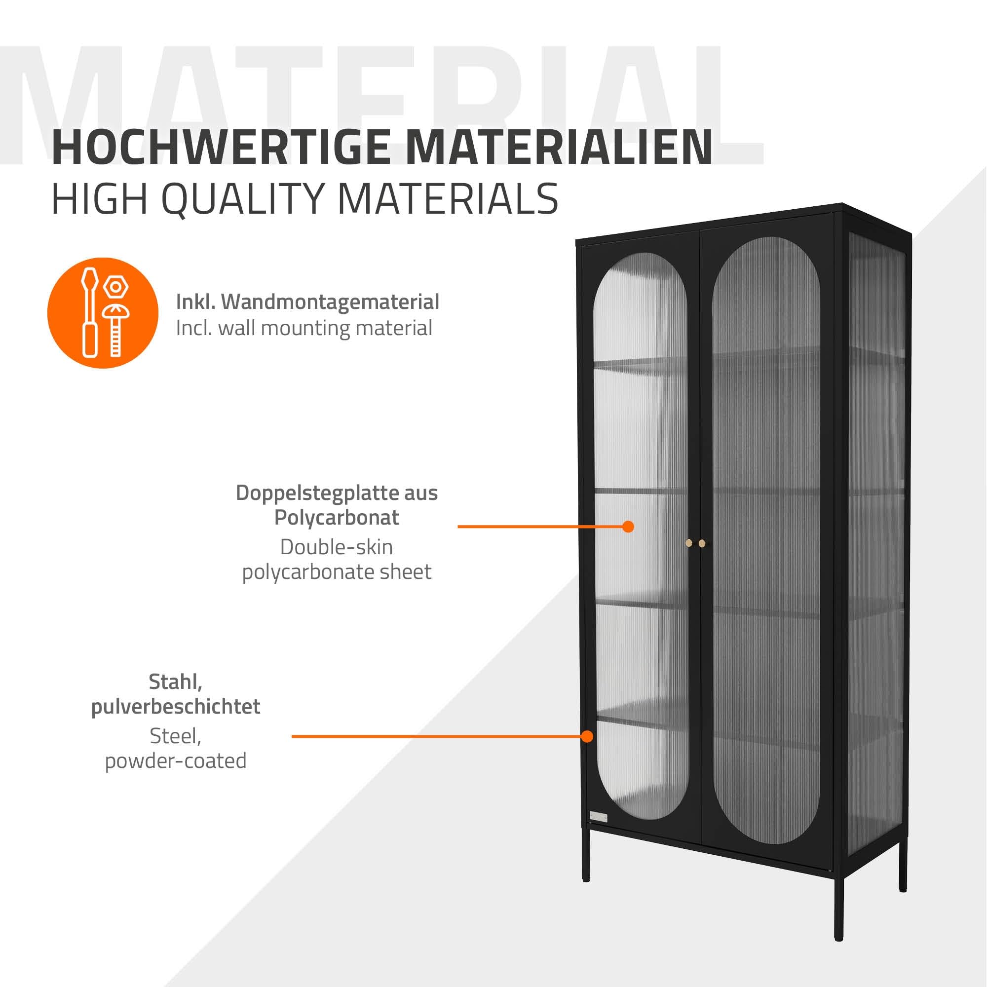 ML-Design Vitrinenschrank 80x175x40 cm, Schwarz, Vitrine mit 5 Ablage-/Regalfächer, 2 Türen, Wohnzimmer Metallschrank aus Stahl, Industrieller Stil, Hochschrank Bücherschrank Aktenschrank Standschrank