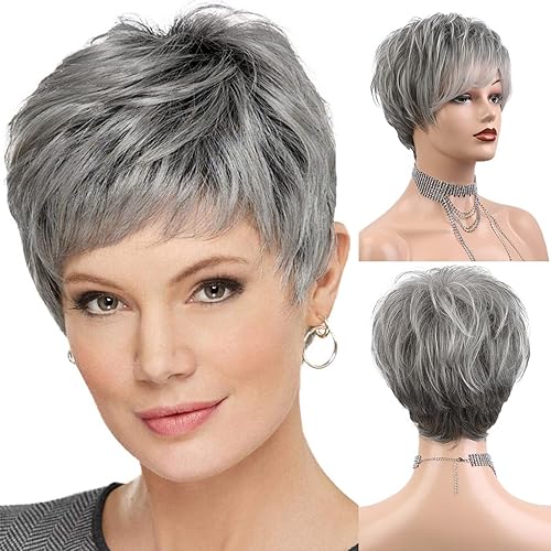 Vista 18 de HAIRCUBE - Pelucas con corte pixie rubio degradado, pelucas cortas naturales rubias, pelucas rubias con raíces oscuras para mujer