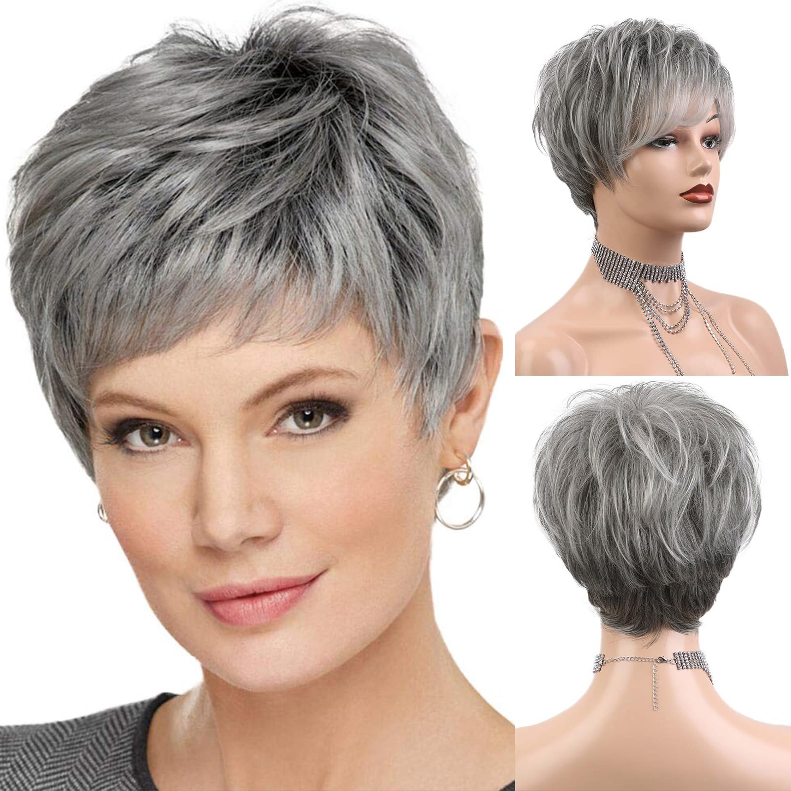 HAIRCUBE Easy Care Perücken Pixie Cut Echthaarperücken für Frauen, schöne kurze graue Perücken für Frauen, natürlich und realistisch
