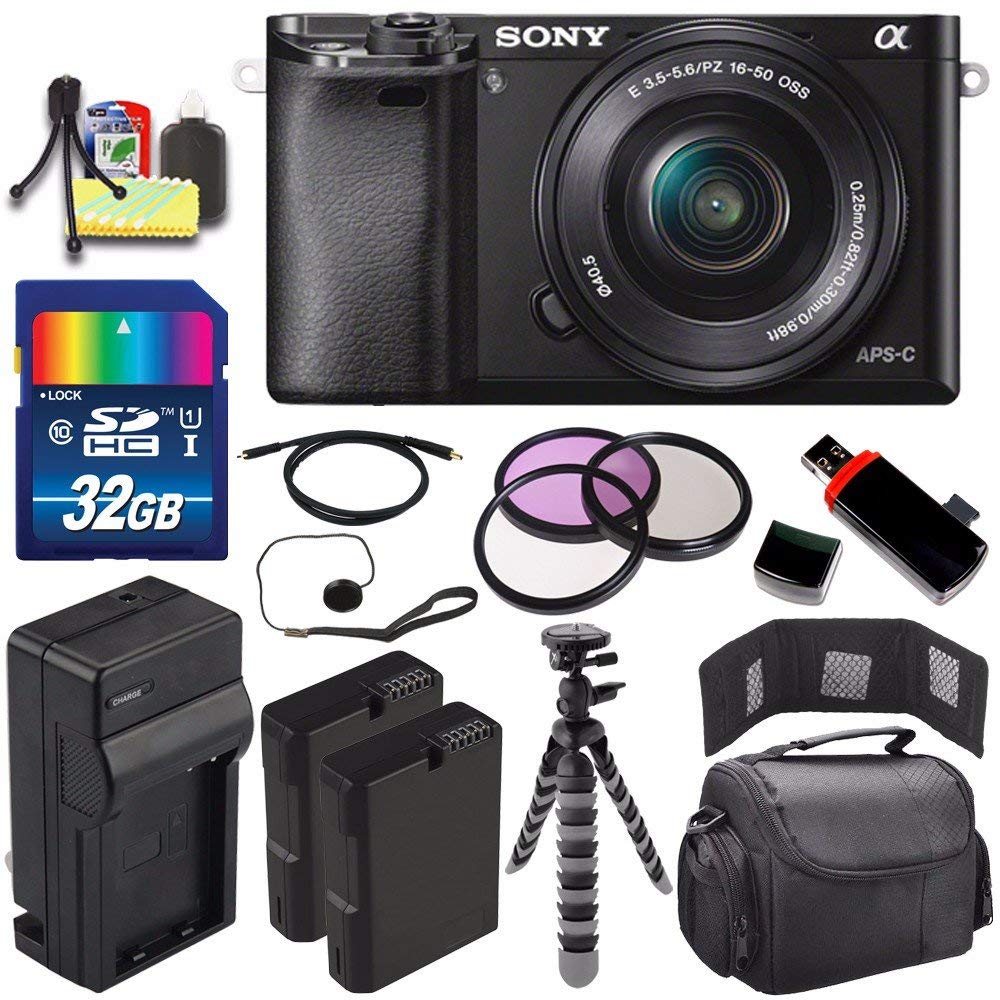 Sony Alpha a6000 Mirrorless Digital Camera with 16-50mm Lens (Black) + Battery + Charger + 32GB Bundle 5 - International Version (No Warranty)