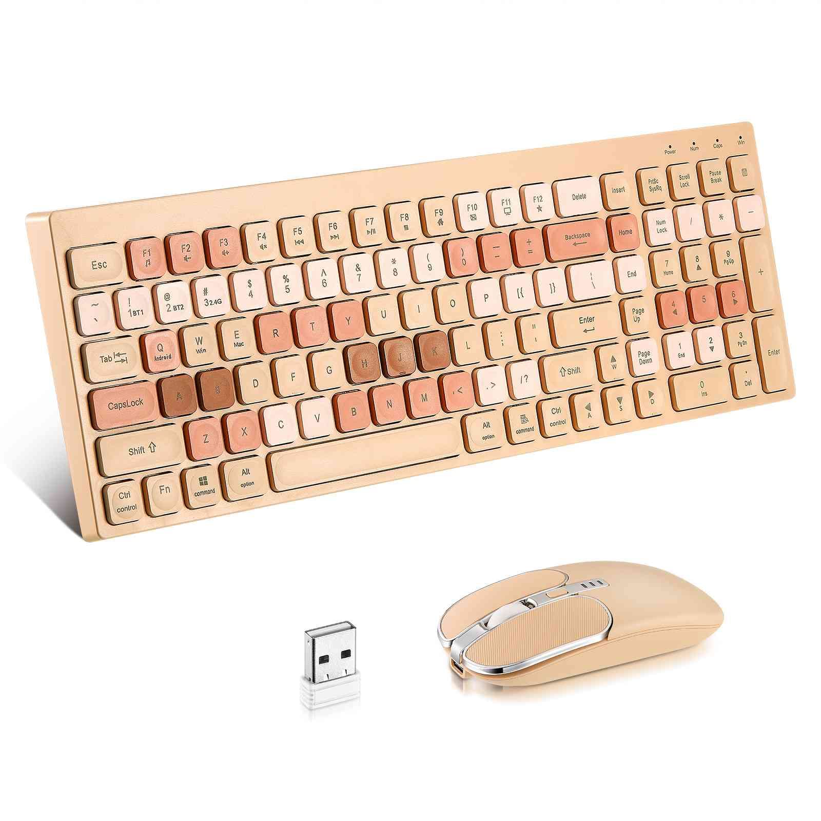 UrbanX Rechargeable Wireless Keyboard and Mouse Combo, Milk Tea 104 Keys Full-Sized 2.4 GHz & Bluetooth Colorful Keyboards, USB Receiver Plug and Play, for Samsung Galaxy F62 Windows, Mac, PC, Laptop.