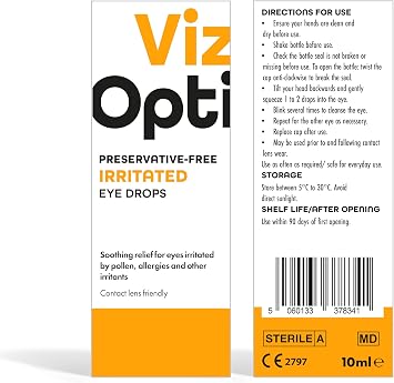 VizOpti Irritated Eye Drops Preservative-Free – Instant Relief for Allergies, Dryness & Irritation | Soothing & Cooling with Natural Plant Extracts | Contact Lens Friendly & Compact Bottle – 10ml