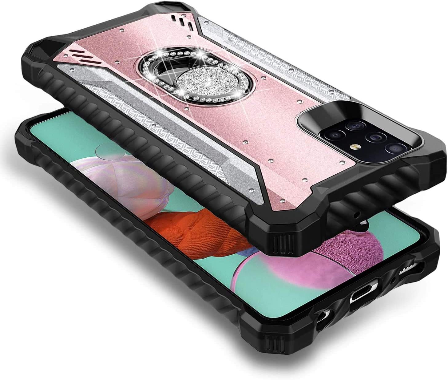 E-Began Case for Samsung Galaxy A71 5G with Tempered Glass Screen Protector, Magnetic Metal Built-in Diamond Ring Stand Holder, Full-Body Protective Case [Not Fit A71 5G UW Verizon] -Rose Gold/Silver