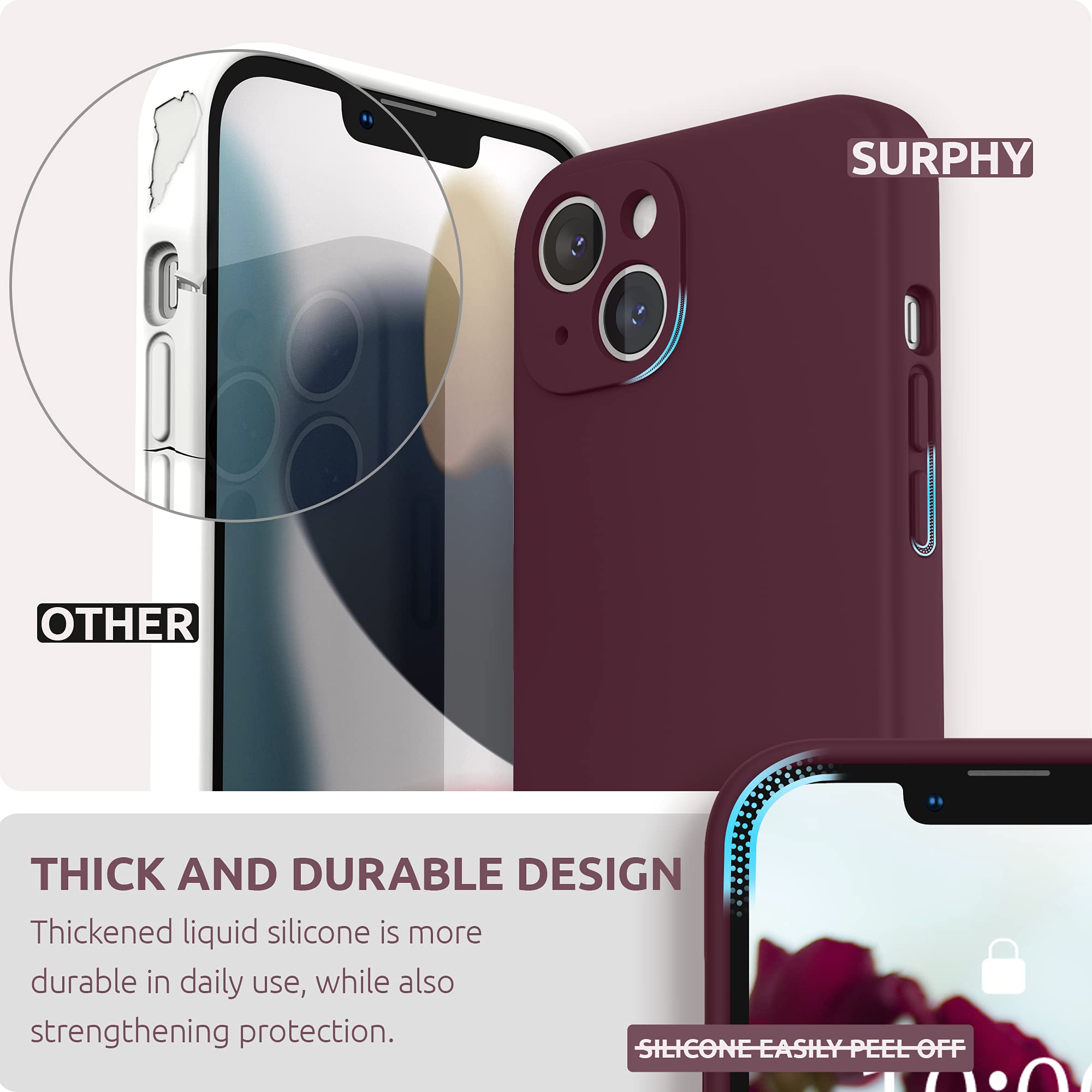 SURPHY Cover per iPhone 13 con Vetro Temperato (6,1"), Custodia per iphone 13 Silicone con Protezione Fotocamera, case protezione Completa,Antiurto, Morbida Microfibra Antigraffio,Prugna