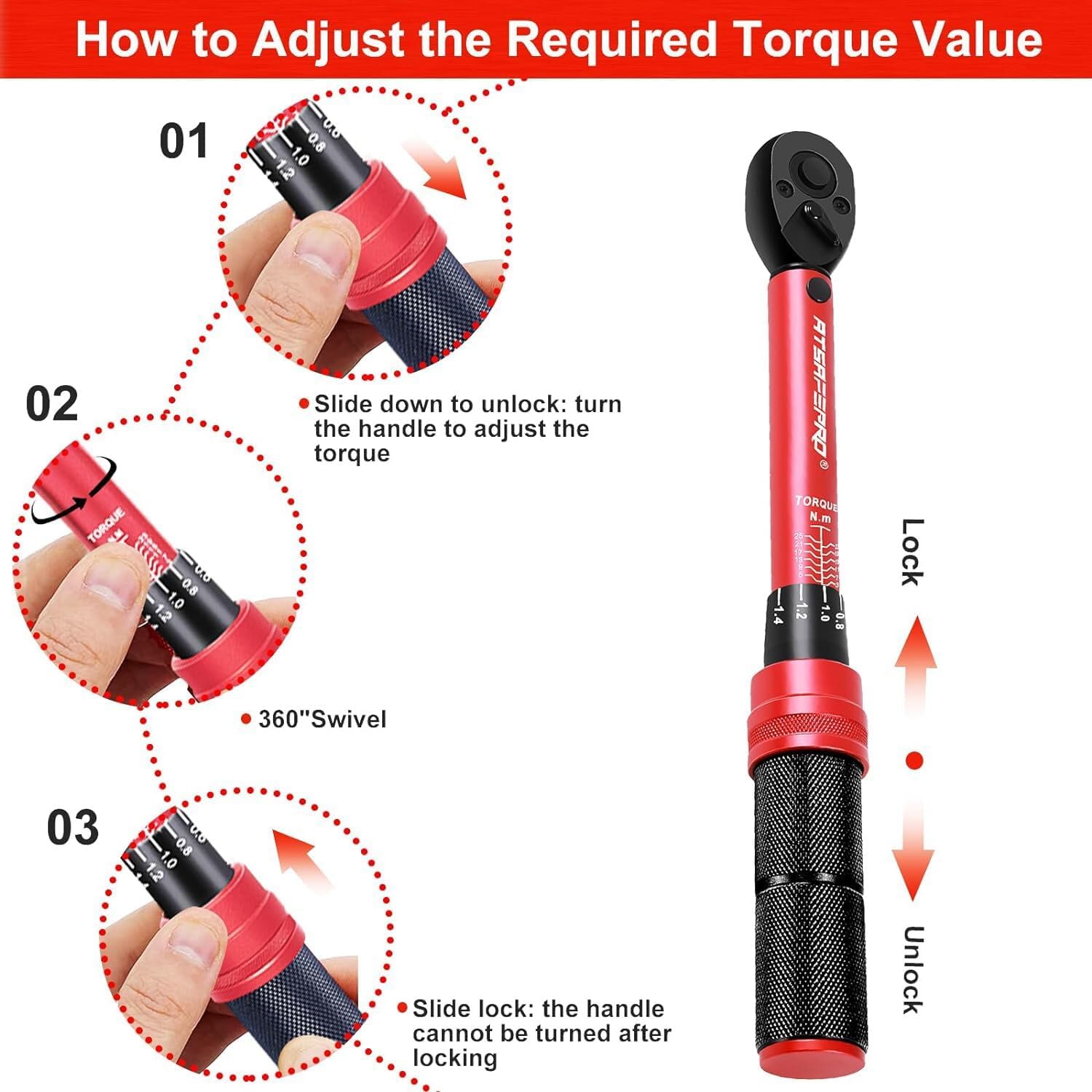 Three-step diagram showing how to adjust and lock the torque value on the wrench