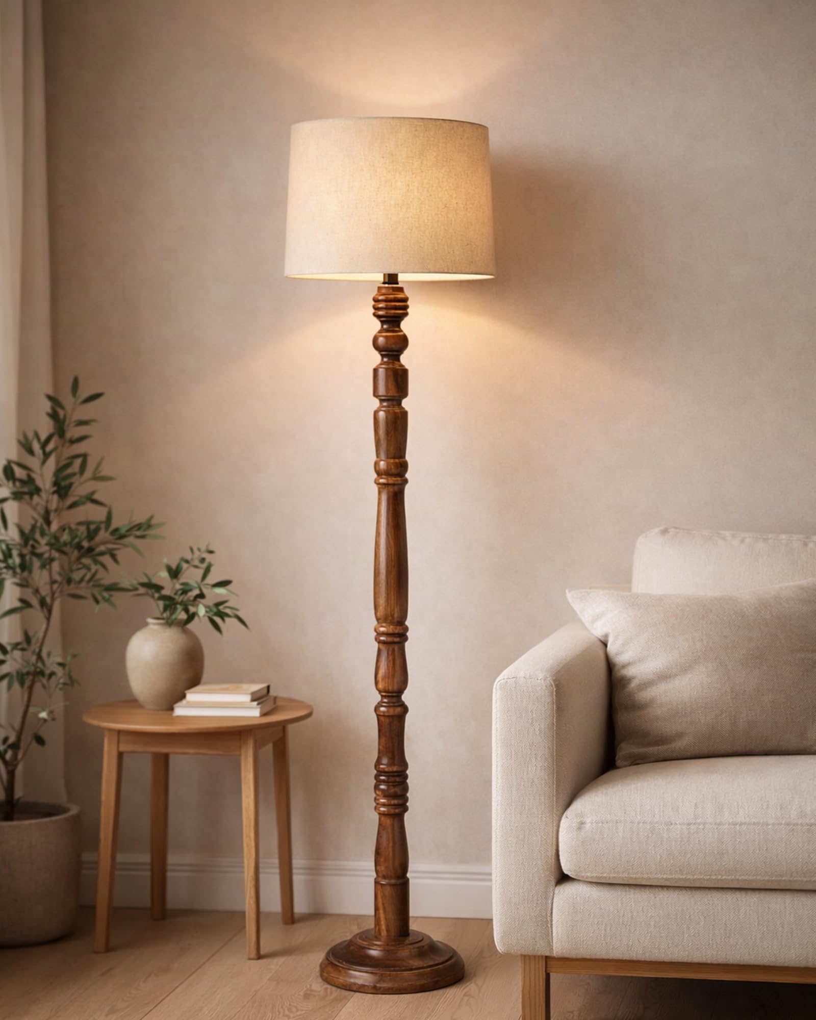 Homesake®Rustic Wood Floor Lamp in Walnut Brown with Multicolor Fabric Lamp Shade | Light Decoration for Home Corner | Living Room & Bedroom Bedside Floor Lamp, Antique Floor Light, Candlestick, Jute-image-17
