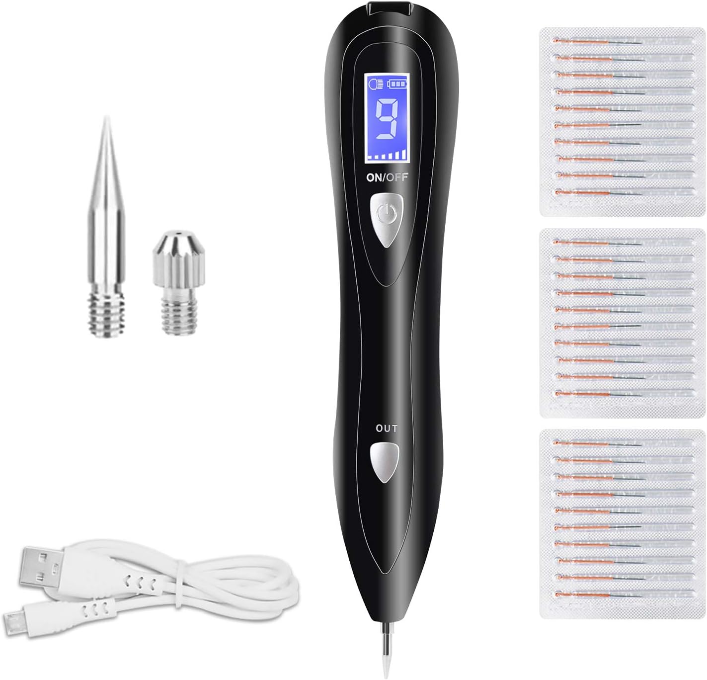 Mole Remover Pen, Skin Tag Remover Pen with LCD Display & 9 Strength Levels 30 Replaceable Fine Needles, Rechargeable Mole Removal Pen Kit for Watt, Verruca, Freckle, Nevus and Age Spots (Black)