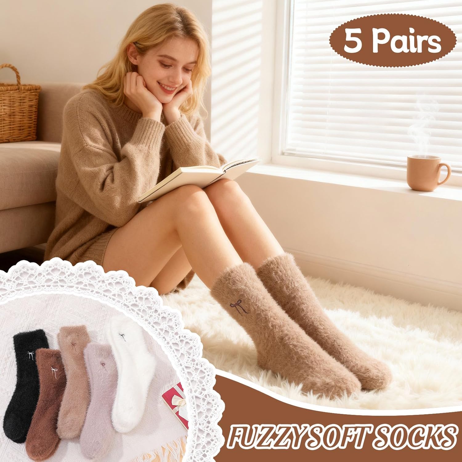Jspupifip 5 Pairs Bow Fuzzy Socks for Women Cozy Soft Fluffy Slipper Sock Warm Winter Thick Home Sleeping Gradient Pink - Image 5